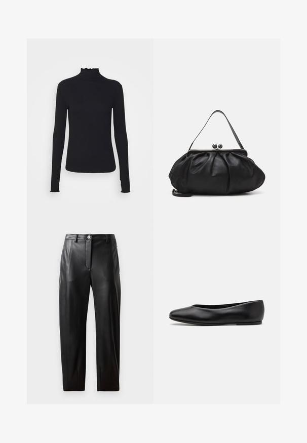 Crni dugi rukav turtleneck majica izrađena od glatkog materijala, s volanima oko vrata i uskim siluetom s jednostavnim rubovima.; Crne kožne hlače s glatkom teksturom, s prednjim džepovima, patentnim zatvaračem i prilagođenim dizajnom. Suptilian šavovi na stranama.; Paul Smith TOPANGA - Balerinke - black; Crna kožna torba s zaobljenim, naboranim dizajnom. Ima metalnu kopču s dva ukrasna gumba i tanki, odvojivi remen.