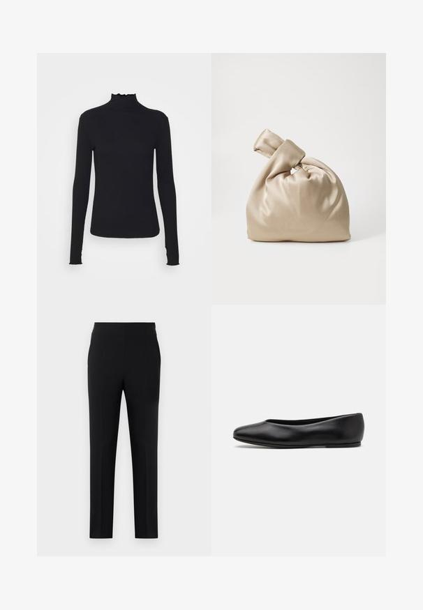 Black long-sleeve turtleneck top made of smooth fabric, featuring a ruffled neck and fitted silhouette with simple edges.; Black trousers with a streamlined design, made from smooth fabric. Features an elastic waistband and tapered legs with minimal stitching detail.; Paul Smith TOPANGA - Ballet pumps - black; Beige satin bag with knotted top, featuring a soft, smooth texture and a rounded shape, designed to be simple and elegant.