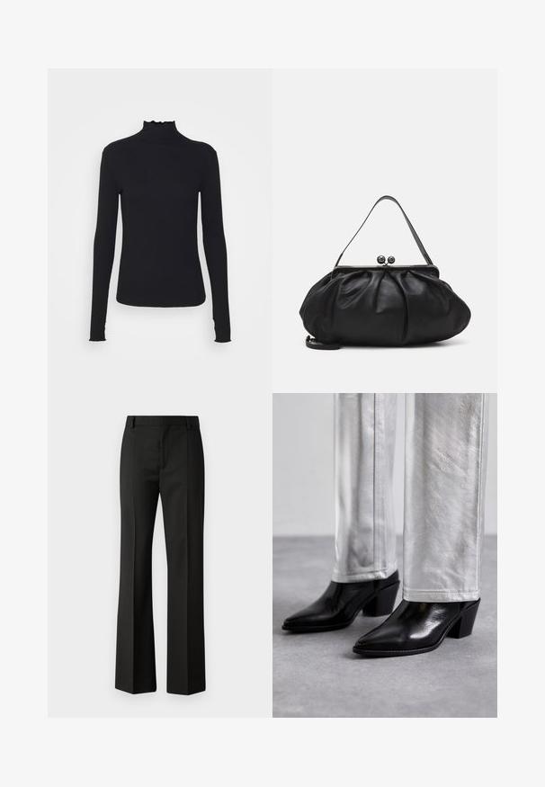 Melnas garām piedurknēm turtleneck blūze, izgatavota no gludas auduma, ar krokotu apkakli un pieguļošu siluetu, kas ir ar vienkāršām malām.; Melni plati bikses, izgatavotas no gludas auduma, ar gludu priekšpusi, sānu kabatām un piegrieztu jostasvietu.; Melni ādas potīšu zābaki ar norādītu pirkstu un kvadrātveida papēdi, apvienoti ar spīdīgām sudraba biksēm, izceļot elegantas faktūras un kontrastējošas krāsas.; Melna ādas rokassoma ar noapaļotu, krokotu dizainu. Iezīmes metāla aizdare ar diviem dekoratīviem lodīšiem un plānu, noņemamu siksnu.