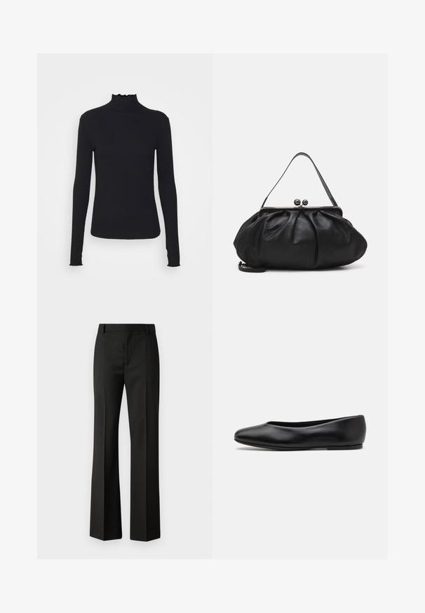 Czarny, długi rękaw, golf z gładkiego materiału, z falbaniastym kołnierzem i dopasowanym krojem z prostymi brzegami.; Czarne spodnie dzwony wykonane z gładkiego materiału, z płaskim przodem, bocznymi kieszeniami i dopasowanym paskiem.; Paul Smith TOPANGA czarny; Czarna skórzana torebka o zaokrąglonym, plisowanym wzorze. Posiada metalowy zamek z dwoma dekoracyjnymi kulkami oraz smukły, odpinany pasek.