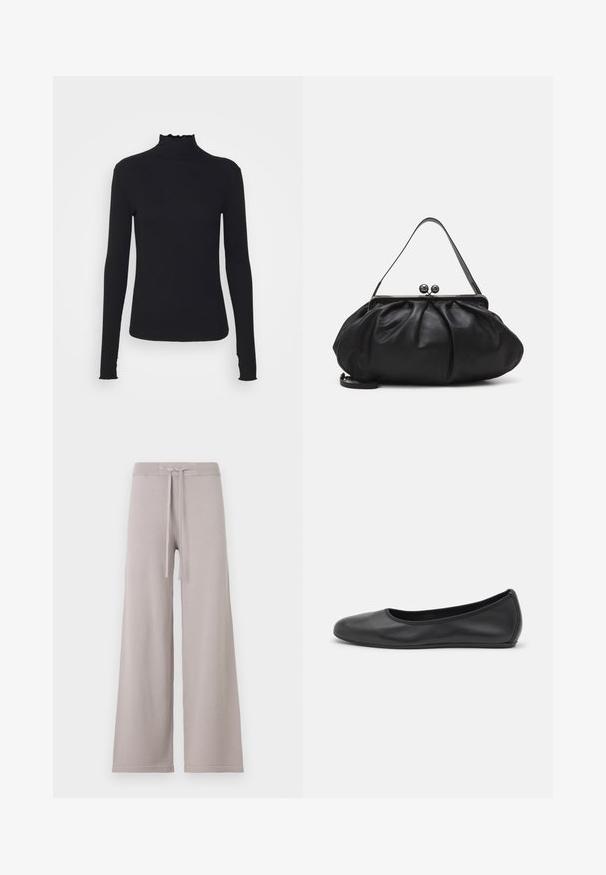 Black long-sleeve turtleneck top made of smooth fabric, featuring a ruffled neck and fitted silhouette with simple edges.; Light gray, wide-leg sweatpants in soft fabric. Features a ribbed waistband with a drawstring, and subtle stitching at the hem.; Black leather ballet flat with a rounded toe, smooth texture, minimal stitching detail, and a flexible sole design.; Black leather handbag with a rounded, pleated design. Features a metallic clasp with two decorative balls and a slim, detachable strap.