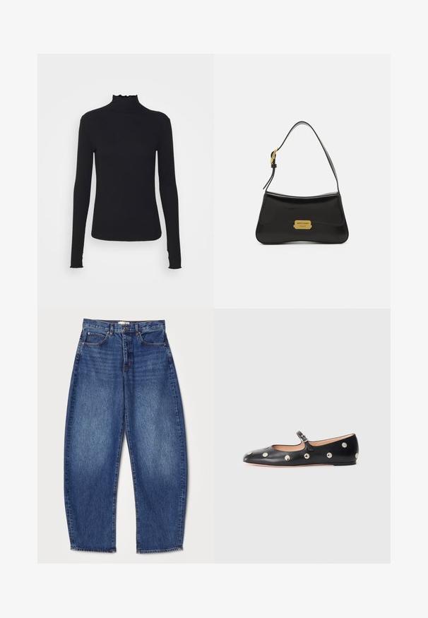 Čierny dlhý rukáv turtleneck top vyrobený z hladkej látky, s volánovým golierom a priliehavou siluetou s jednoduchými okrajmi.; Džínsy z denimu s voľným strihom, stredne vysokým pásom, tmavo modrou farbou, poškodenou textúrou, dizajnom s piatimi vreckami a rovnými nohavicami.; Čierne kožené baleríny typu Mary Jane s okrúhlou špičkou, so striebornými kruhovými cvokmi a nastaviteľným remienkom so sponou.; Čierna kožená kabelka s krivkovým dizajnom, akcentom vo forme zlatej loga a tenkým ramenným popruhom. Hladká textúra s elegantným povrchom.