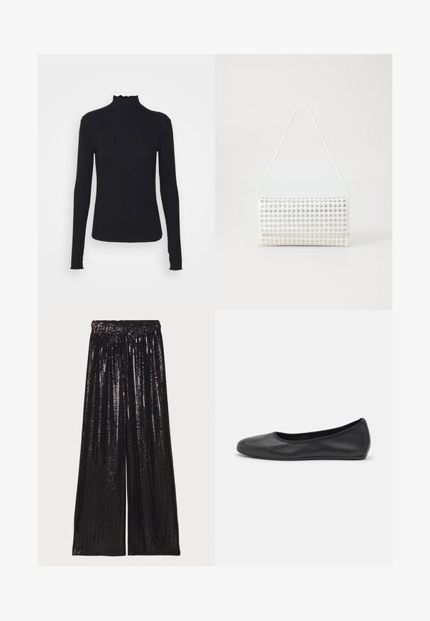 Czarny, długi rękaw, golf z gładkiego materiału, z falbaniastym kołnierzem i dopasowanym krojem z prostymi brzegami.; Czarne, szerokie spodnie wykonane z tkaniny cekinowej, z teksturowaną powierzchnią i elastycznym paskiem w talii dla wygodnego dopasowania.; Czarne skórzane baletki z zaokrąglonym noskiem, gładką fakturą, minimalnymi przeszyciami i elastycznym designem podeszwy.; Biała torebka o zaokrąglonym kształcie, z teksturowaną powierzchnią pokrytą srebrnymi ćwiekami. Posiada cienki pasek na ramię i eleganckie zapięcie.