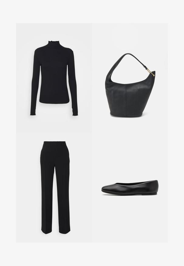 Black long-sleeve turtleneck top made of smooth fabric, featuring a ruffled neck and fitted silhouette with simple edges.; Black, straight-leg trousers with a smooth texture. Features a waistband and no visible patterns or accents. Classic and tailored design.; Paul Smith TOPANGA - Ballet pumps - black; Black leather handbag with a rounded shape, a wide strap, and a textured finish. Features a subtle seam detail and a gold-tone hardware accent.