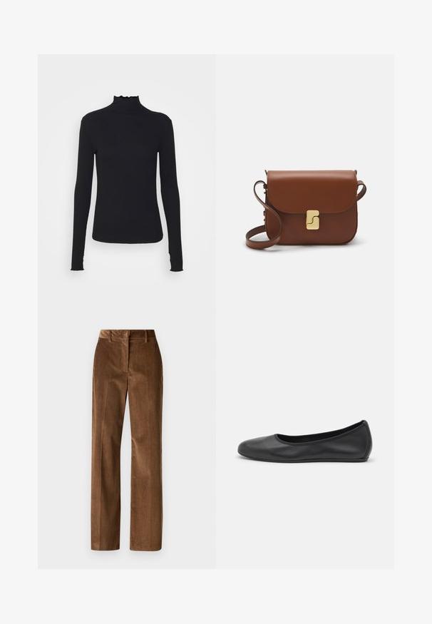Črn dolg rokav turtleneck zgornji del iz gladkega materiala, ki se ponaša z nabranim ovratnikom in prilegajočim silhueto s preprostimi robovi.; WEEKEND MaxMara TANIA - Hlače - nocciola; Črne usnjene balerinke z zaobljenim nosom, gladko teksturo, minimalnimi šivi in fleksibilno zasnovo podplata.; Rjava usnjena torbica s poklopcem, zlato obarvani okovi, naramnica in gladka tekstura. Kompaktna pravokotna oblika.