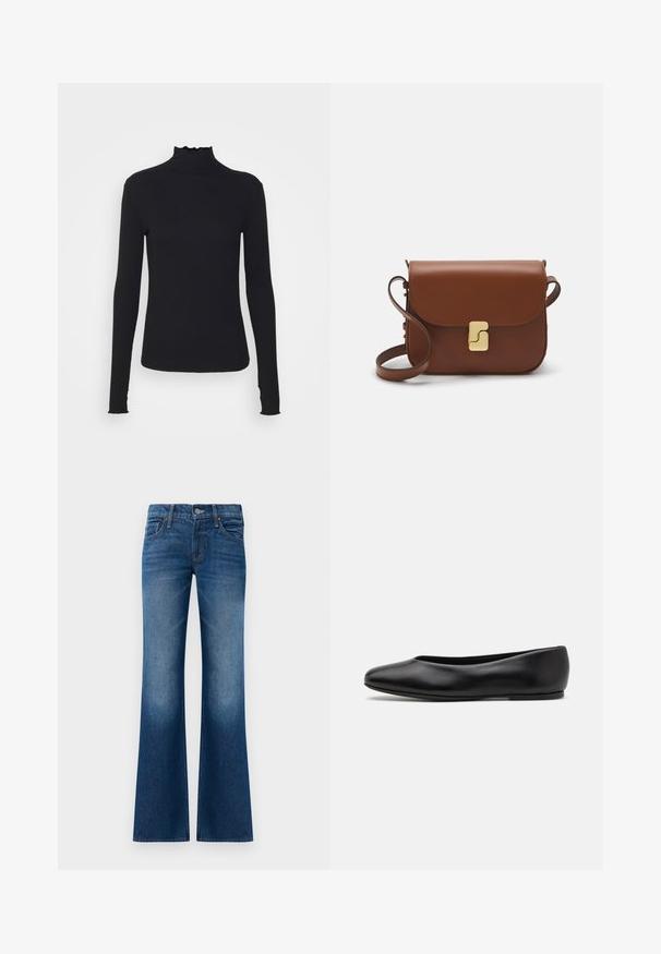 Črn dolg rokav turtleneck zgornji del iz gladkega materiala, ki se ponaša z nabranim ovratnikom in prilegajočim silhueto s preprostimi robovi.; Razširjene kavbojke iz temno modrega denima, z gladko teksturo, petimi žepi, sprednjim gumbom za zapiranje ter subtilnim zbledelostjo ob robu.; Paul Smith TOPANGA - Balerinke - black; Rjava usnjena torbica s poklopcem, zlato obarvani okovi, naramnica in gladka tekstura. Kompaktna pravokotna oblika.