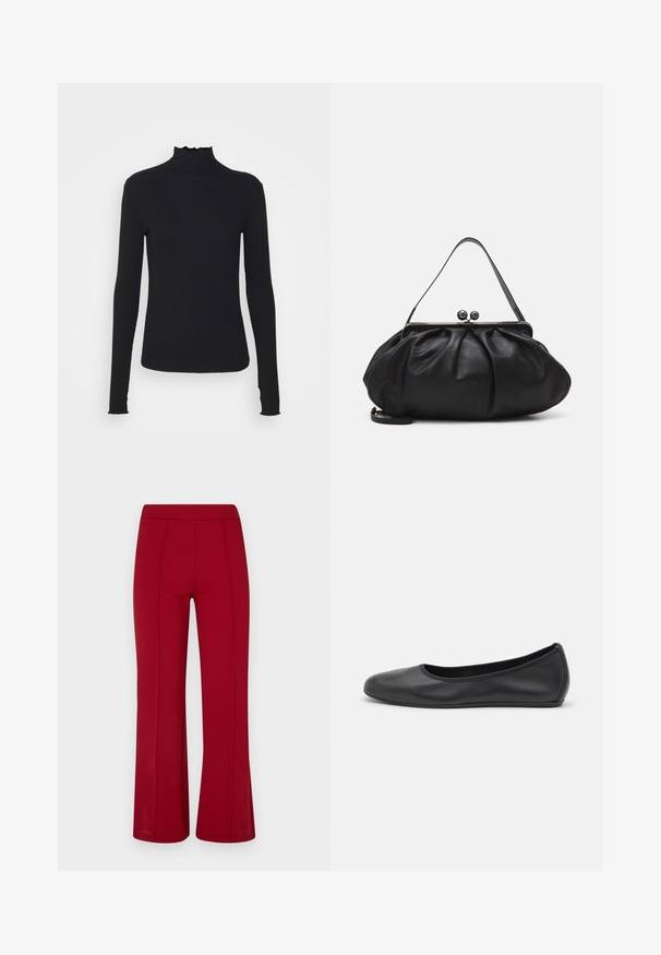 Black long-sleeve turtleneck top made of smooth fabric, featuring a ruffled neck and fitted silhouette with simple edges.; Red, flared pants made of stretchy fabric, featuring a smooth texture and visible seam details along the front. No pockets.; Black leather ballet flat with a rounded toe, smooth texture, minimal stitching detail, and a flexible sole design.; Black leather handbag with a rounded, pleated design. Features a metallic clasp with two decorative balls and a slim, detachable strap.