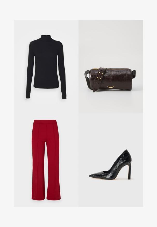Schwarz, langärmliges Turtleneck-Oberteil aus glattem Material, mit einem gerafften Kragen und einer enganliegenden Silhouette mit einfachen Kanten.; Rote, weit ausgestellte Hosen aus dehnbarem Material, mit glatter Textur und sichtbaren Nahtdetails auf der Vorderseite. Keine Taschen.; Schwarzer, spitz zulaufender High Heel mit Krokodilleder-Struktur, elegantem Design, hohem Stiletto-Absatz und glattem schwarzen Innenraum.; Braune, krokodilgeprägte Lederhandtasche mit zylindrischer Form, goldfarbener Hardware und einem abnehmbaren Tragegurt mit Nieten.