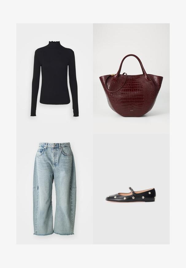 Fekete, hosszú ujjú, garbós felső sima anyagból, fodros gallérral és illeszkedő sziluettel, egyszerű élekkel.; Világoskék farmernadrág széles lábszárral, rojtos szegéllyel és foltvarrásos díszítéssel rendelkezik. Puha, texturált pamut anyagból készült.; Fekete bőr Mary Jane lapossarkú cipő, lekerekített orral, ezüst színű kör alakú szegecsekkel és állítható pánttal, csattal.; Burgundi színű krokodilbőr mintázatú tote táska két fogantyúval, lekerekített formával és diszkrét aranyszínű fém kiegészítővel.