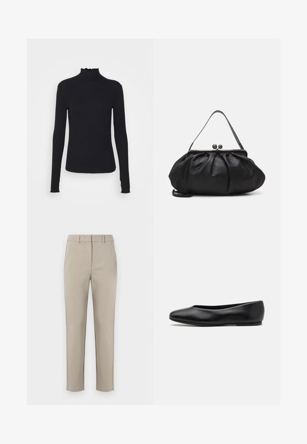 Zwarte langärmelige turtleneck top van soepel stof, met een gerimpelde hals en een aansluitende silhouet met eenvoudige randen.; MM by MaxMara EFFETTO - Broek - sand; Paul Smith TOPANGA - Ballerina's - black; Zwarte leren handtas met een afgerond, geplooid ontwerp. Voorzien van een metalen sluiting met twee decoratieve bollen en een smalle, afneembare schouderband.