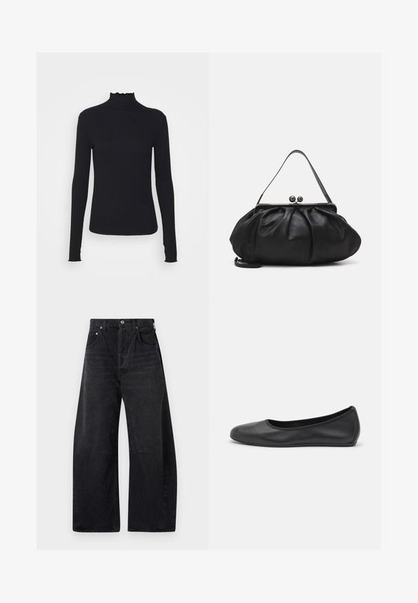 Musta pitkähihainen poolotoppi, joka on valmistettu sileästä kankaasta, jossa on röyhelökaulus ja tiukka siluetti yksinkertaisilla reunoilla.; Citizens of Humanity HORSESHOE - Relaxed fit -farkut - black; Musta nahkainen ballerina, jossa on pyöristetty kärki, sileä pinta, minimaalinen ommelkoristelu ja joustava pohjamuotoilu.; Musta nahkalaukku, jossa on pyöreä, poimutettu muotoilu. Varustettu metallisella lukolla, jossa on kaksi koristepalloa ja ohut, irrotettava olkahihna.