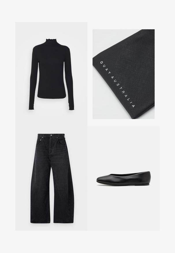 Black long-sleeve turtleneck top made of smooth fabric, featuring a ruffled neck and fitted silhouette with simple edges.; Citizens of Humanity HORSESHOE - Relaxed fit jeans - black; Paul Smith TOPANGA - Ballet pumps - black; Black textured pouch with a raised pattern, featuring the embossed text "QUAY AUSTRALIA" in white lettering along one edge.; Brown leather handbag with a structured shape, silver-tone hardware, and dual handles. Features a logo accent on the front and a detachable strap.