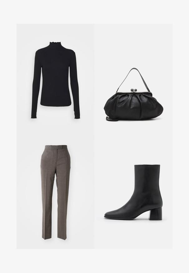 Black long-sleeve turtleneck top made of smooth fabric, featuring a ruffled neck and fitted silhouette with simple edges.; Gray tailored trousers with a straight leg, textured fabric, mid-rise waist, and two front pockets. No visible fastenings or patterns.; Black leather ankle boot with a pointed toe and a chunky square heel. Smooth texture with a seamless design and minimalistic stitching.; Black leather handbag with a rounded, pleated design. Features a metallic clasp with two decorative balls and a slim, detachable strap.