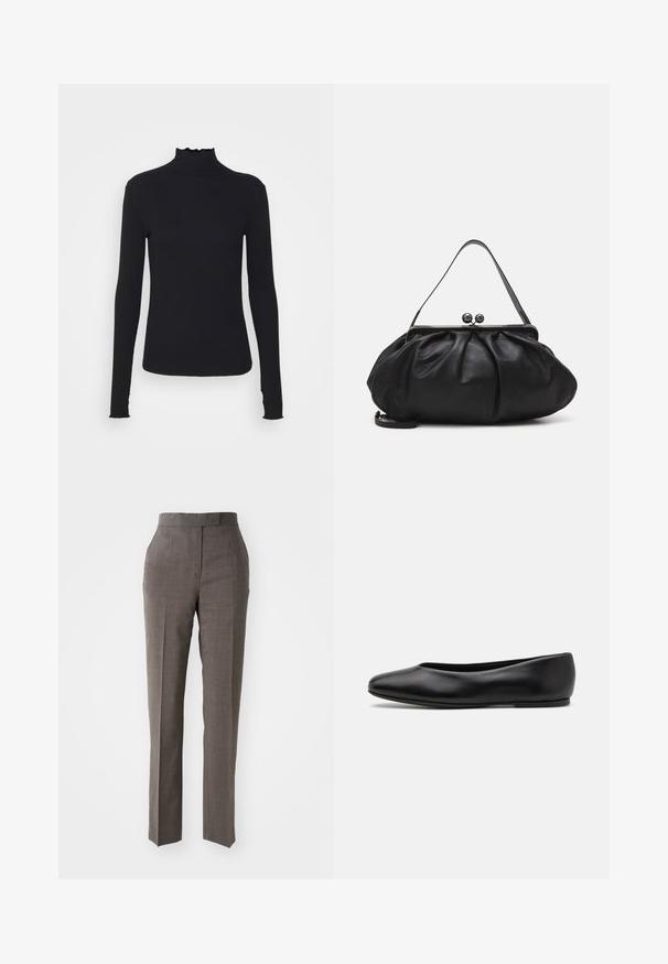 Black long-sleeve turtleneck top made of smooth fabric, featuring a ruffled neck and fitted silhouette with simple edges.; Gray tailored trousers with a straight leg, textured fabric, mid-rise waist, and two front pockets. No visible fastenings or patterns.; Paul Smith TOPANGA - Ballet pumps - black; Black leather handbag with a rounded, pleated design. Features a metallic clasp with two decorative balls and a slim, detachable strap.
