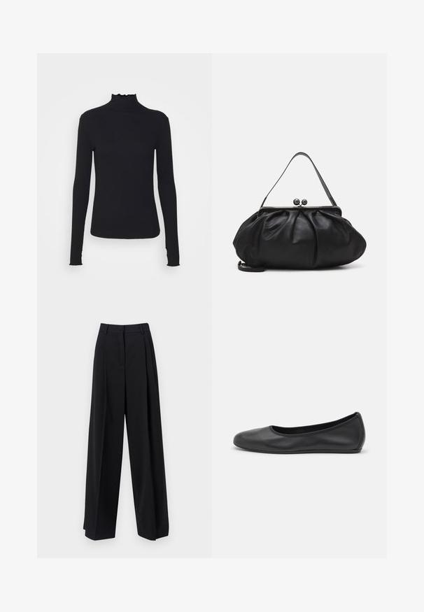 Black long-sleeve turtleneck top made of smooth fabric, featuring a ruffled neck and fitted silhouette with simple edges.; Weekend Max Mara BAIOCCO - Trousers - black; Black leather ballet flat with a rounded toe, smooth texture, minimal stitching detail, and a flexible sole design.; Black leather handbag with a rounded, pleated design. Features a metallic clasp with two decorative balls and a slim, detachable strap.