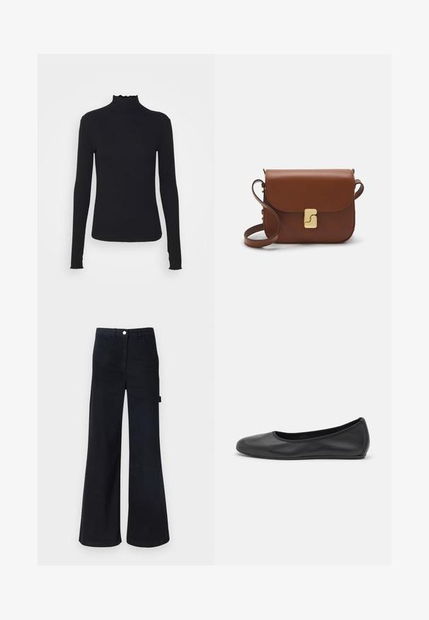 Black long-sleeve turtleneck top made of smooth fabric, featuring a ruffled neck and fitted silhouette with simple edges.; Black, high-waisted flared pants made from a sturdy fabric. Features include five pockets and a metal button closure at the waist.; Black leather ballet flat with a rounded toe, smooth texture, minimal stitching detail, and a flexible sole design.; Brown leather handbag with a flap closure, gold-tone hardware, a shoulder strap, and a smooth texture. Compact rectangular shape.