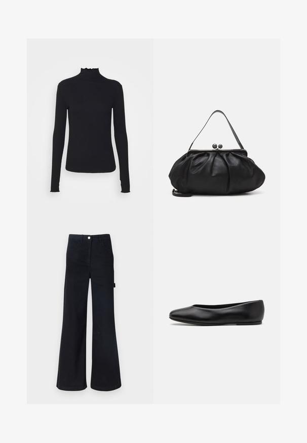 Black long-sleeve turtleneck top made of smooth fabric, featuring a ruffled neck and fitted silhouette with simple edges.; Black, high-waisted flared pants made from a sturdy fabric. Features include five pockets and a metal button closure at the waist.; Paul Smith TOPANGA - Ballet pumps - black; Black leather handbag with a rounded, pleated design. Features a metallic clasp with two decorative balls and a slim, detachable strap.