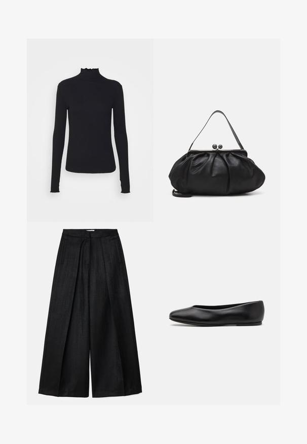 Sort langærmet turtleneck top lavet af glat stof, med en rynket krave og tætsiddende silhuet med enkle kanter.; Sorte bukser med brede ben og en glat tekstur, der har høj talje, folder og sidelommer. Ingen synlige fastgørelsesdetaljer.; Paul Smith TOPANGA - Ballerinasko - black; Sort læderpung med et rundt, plisseret design. Har en metalspænde med to dekorative kugler og et slankt, aftageligt rem.