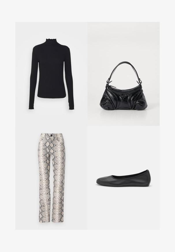 Maglione nero a maniche lunghe con colletto a dolcevita realizzato in tessuto morbido, caratterizzato da un collo arricciato e una silhouette aderente con bordi semplici.; Pantaloni in stampa serpente in una combinazione di colori beige e grigio. Design a gamba dritta con finitura testurizzata e tasche frontali. Presentano una chiusura con bottone.; Pantofole da balletto nere in pelle con punta arrotondata, texture liscia, dettagli di cucitura minimi e design con suola flessibile.; Borsa nera realizzata in pelle testurizzata con una forma arrotondata. Presenta una sottile tracolla e motivi decorativi a rilievo.