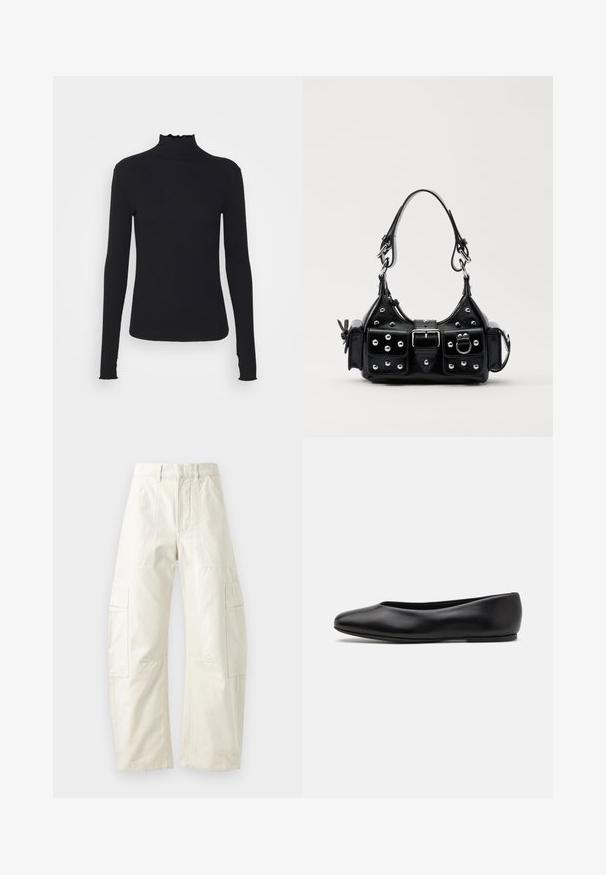 Black long-sleeve turtleneck top made of smooth fabric, featuring a ruffled neck and fitted silhouette with simple edges.; Beige cargo pants with a loose fit, featuring multiple patch pockets, a zip fly, and a textured finish. Made of durable cotton material.; Paul Smith TOPANGA - Ballet pumps - black; Black leather handbag with a curved design, featuring silver studs, a buckle, and two side pockets. Adjustable strap for carrying options.