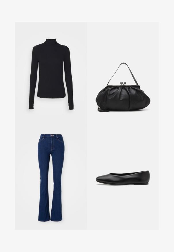 Haut à manches longues noir en col roulé, fabriqué en tissu lisse, présentant un col volanté et une silhouette ajustée avec des bords simples.; Jean évasé en denim coton bleu foncé, taille haute avec cinq poches, détails de couture subtils et finition lisse.; Paul Smith TOPANGA - Ballerines - black; Sac à main en cuir noir avec un design arrondi et plissé. Il possède un fermoir métallique avec deux boules décoratives et une bandoulière fine et amovible.