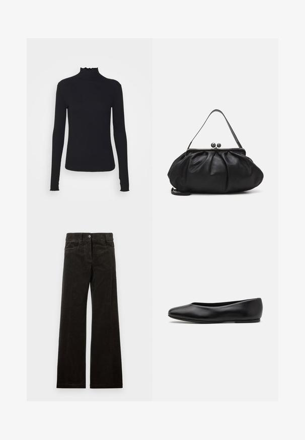Black long-sleeve turtleneck top made of smooth fabric, featuring a ruffled neck and fitted silhouette with simple edges.; Black corduroy wide-leg pants featuring front pockets, a button closure, and vertical ribbed texture. Smooth fabric with a subtle sheen.; Paul Smith TOPANGA - Ballet pumps - black; Black leather handbag with a rounded, pleated design. Features a metallic clasp with two decorative balls and a slim, detachable strap.