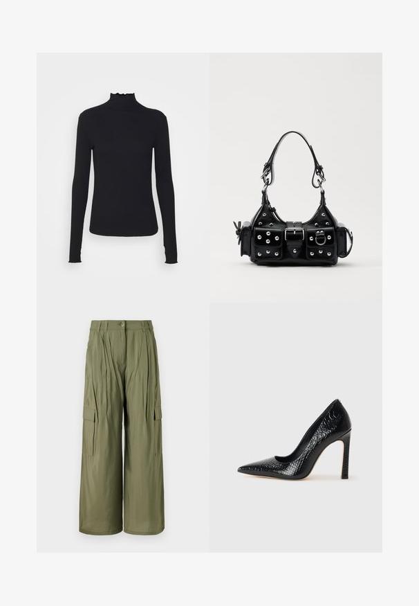 Čierny dlhý rukáv turtleneck top vyrobený z hladkej látky, s volánovým golierom a priliehavou siluetou s jednoduchými okrajmi.; Olivovo zelené nohavice v širokom strihu s vreckami na bokoch, prednými záhybmi a zapínaním na gombík. Hladká textúra, ľahký materiál.; Čierna lodička s špicatou špičkou a lakovanou textúrou krokodíla, s elegantným dizajnom, vysokým stiletto podpätkom a hladkým čiernym interiérom.; Čierna kožená kabelka s zakriveným dizajnom, doplnená striebornými cvočkami, prackou a dvoma bočnými vreckami. Nastaviteľný popruh poskytuje rôzne možnosti nosenia.