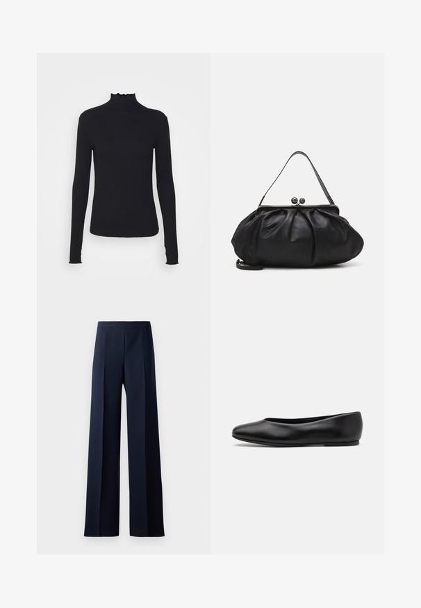 Black long-sleeve turtleneck top made of smooth fabric, featuring a ruffled neck and fitted silhouette with simple edges.; Wide-leg trousers in dark navy fabric, featuring a smooth texture, subtle front pleats, and a fitted waistband for a streamlined silhouette.; Paul Smith TOPANGA - Ballet pumps - black; Black leather handbag with a rounded, pleated design. Features a metallic clasp with two decorative balls and a slim, detachable strap.