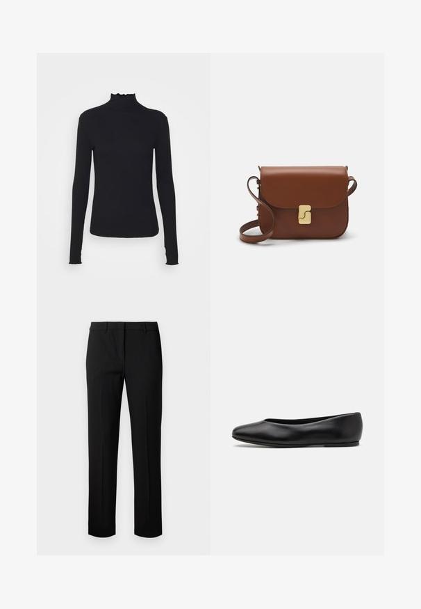 Zwarte langärmelige turtleneck top van soepel stof, met een gerimpelde hals en een aansluitende silhouet met eenvoudige randen.; Zwarte op maat gemaakte rechte broek met riemlussen, voornaad en verborgen sluiting op een witte achtergrond.; Paul Smith TOPANGA - Ballerina's - black; Bruine leren handtas met een klep sluiting, gouden hardware, een schouderband en een gladde textuur. Compact rechthoekige vorm.