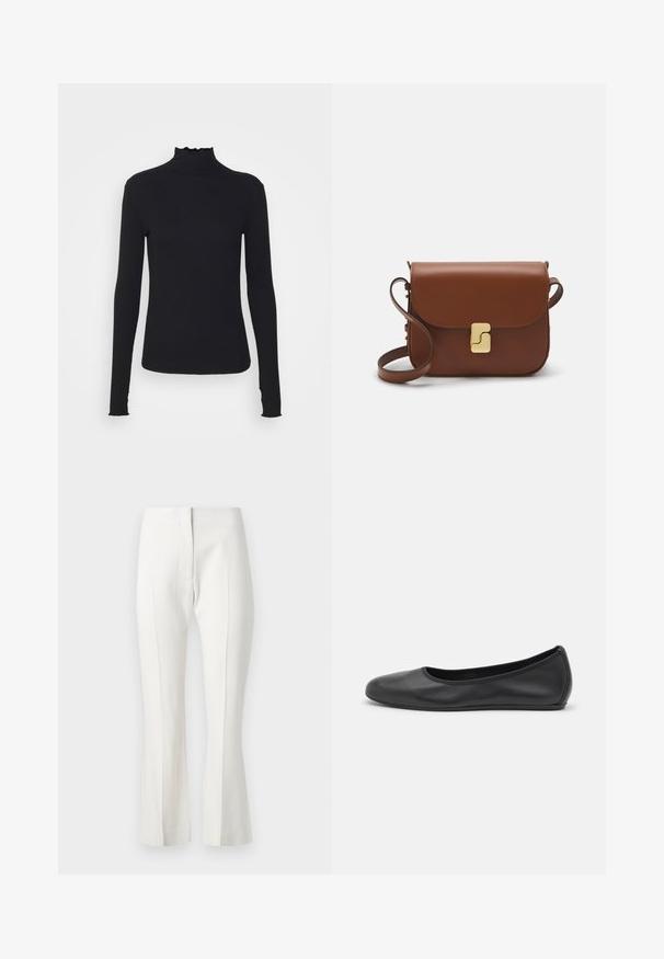 Black long-sleeve turtleneck top made of smooth fabric, featuring a ruffled neck and fitted silhouette with simple edges.; White tailored trousers with a flared bottom, featuring a flat front, no pockets, and a smooth fabric texture.; Black leather ballet flat with a rounded toe, smooth texture, minimal stitching detail, and a flexible sole design.; Brown leather handbag with a flap closure, gold-tone hardware, a shoulder strap, and a smooth texture. Compact rectangular shape.