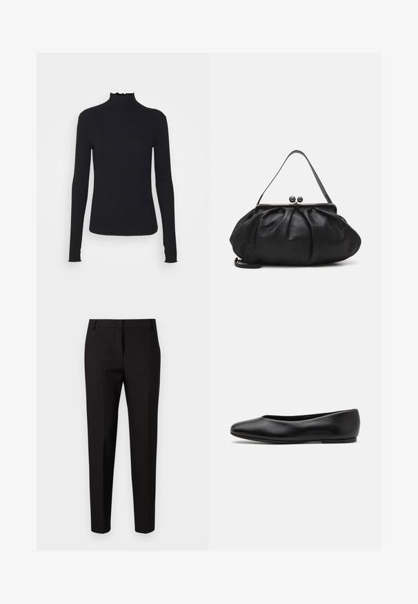 Schwarz, langärmliges Turtleneck-Oberteil aus glattem Material, mit einem gerafften Kragen und einer enganliegenden Silhouette mit einfachen Kanten.; MAX&Co. DISPLAY - Stoffhose - schwarz; Paul Smith TOPANGA - Klassischer Ballerina - black; Schwarze Lederhandtasche mit einer runden, gefalteten Form. Verfügt über einen metallischen Verschluss mit zwei dekorativen Kugeln und einem schmalen, abnehmbaren Tragegurt.