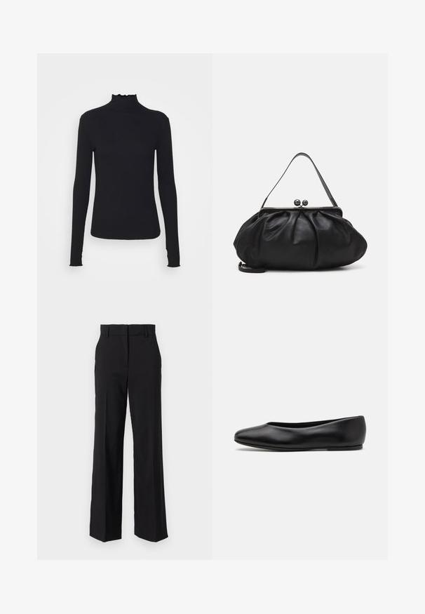Crni dugi rukav turtleneck majica izrađena od glatkog materijala, s volanima oko vrata i uskim siluetom s jednostavnim rubovima.; Crne odijeljene hlače s ravnim, širokim krojem, s glatkom teksturom i ravnim prednjim dijelom s petljama za remen.; Paul Smith TOPANGA - Balerinke - black; Crna kožna torba s zaobljenim, naboranim dizajnom. Ima metalnu kopču s dva ukrasna gumba i tanki, odvojivi remen.