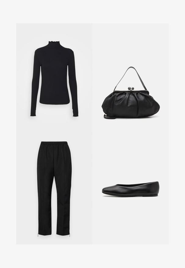 Top negro de manga larga con cuello alto, hecho de tejido suave, que presenta un cuello con volantes y una silueta ajustada con bordes simples.; Pantalones negros con cintura elástica, piernas rectas y cremalleras en los tobillos. La tela tiene una textura suave y un diseño minimalista.; Paul Smith TOPANGA - Bailarinas - black; Bolso de mano de cuero negro con un diseño redondeado y plisado. Cuenta con un cierre metálico con dos bolas decorativas y una correa delgada y desmontable.
