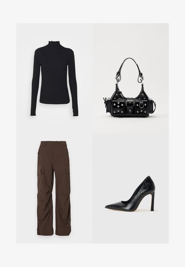 Juodas ilgomis rankovėmis turtleneko tipo viršus, pagamintas iš lygaus audinio, su raukšlėtu kaklu ir prigludusia siluetu, turinčiu paprastus kraštus.; Rudos krovinių kelnes su tiesiu kirpimu, pagamintas iš patvarios medžiagos. Yra daug kišenių ir saugus juosmens dizainas.; Juoda smailiakulnė aukšto kulno bateliai su krokodilo odos tekstūra, pasižymintys elegantišku dizainu, aukštu stiletu kulnu ir lygia juoda vidine dalimi.; Juodas odinis rankinukas su kreiviu dizainu, su sidabro spalvos knopkėmis, užsegimu ir dviem šoninėmis kišenėmis. Reguliuojama dirželis nešimui.