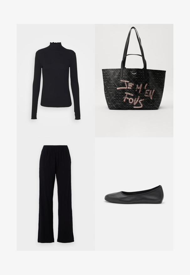 Black long-sleeve turtleneck top made of smooth fabric, featuring a ruffled neck and fitted silhouette with simple edges.; Black, lightweight, elastic waist pants with a straight leg design. Soft texture with no visible patterns or accents. Simple and versatile style.; Black leather ballet flat with a rounded toe, smooth texture, minimal stitching detail, and a flexible sole design.; Black tote bag with textured material featuring a diamond pattern, shoulder straps, and bold red and white text reading “JE M'EN FOUS.”