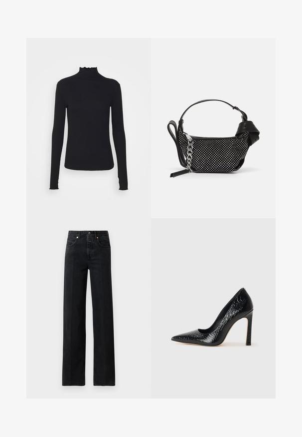 Črn dolg rokav turtleneck zgornji del iz gladkega materiala, ki se ponaša z nabranim ovratnikom in prilegajočim silhueto s preprostimi robovi.; Črne denim hlače s ravnim krojem. Imajo pet žepov, zapenjanje na gumb in minimalne šive. Klasičen dizajn.; Črne čevlje z visoko peto in konico v obliki puščice, z teksturo krokodilje kože, ki se ponašajo s sleek oblikovanjem, visokim stiletto peto in gladkim črnim notranjostjo.; Črna torbica z okrasnimi žebljički, verižnim trakom in gladkim usnjenim ročajem, zaokrožene oblike z zaklepanjem na zadrgo.