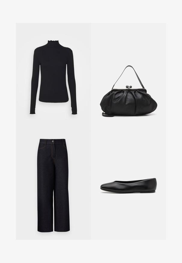 Zwarte langärmelige turtleneck top van soepel stof, met een gerimpelde hals en een aansluitende silhouet met eenvoudige randen.; Donkerdenim wijde broek met hoge taille, contrasterende oranje stiksels, voorzakken en een sluiting met knoop aan de voorkant.; Paul Smith TOPANGA - Ballerina's - black; Zwarte leren handtas met een afgerond, geplooid ontwerp. Voorzien van een metalen sluiting met twee decoratieve bollen en een smalle, afneembare schouderband.