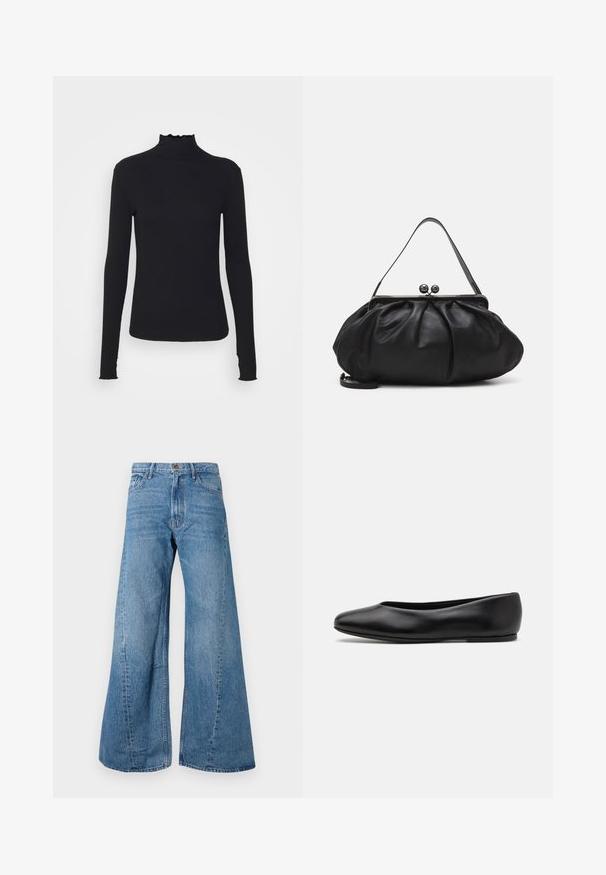 Top negro de manga larga con cuello alto, hecho de tejido suave, que presenta un cuello con volantes y una silueta ajustada con bordes simples.; Pantalones vaqueros de mezclilla azul de pierna ancha con una cintura alta, que cuentan con un diseño clásico de cinco bolsillos y un ligero desvanecimiento para dar textura.; Paul Smith TOPANGA - Bailarinas - black; Bolso de mano de cuero negro con un diseño redondeado y plisado. Cuenta con un cierre metálico con dos bolas decorativas y una correa delgada y desmontable.