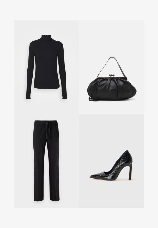 Haut à manches longues noir en col roulé, fabriqué en tissu lisse, présentant un col volanté et une silhouette ajustée avec des bords simples.; Pantalons noirs avec une taille élastique et un cordon de serrage ajustable, présentant une coupe droite et une texture lisse. Sans motifs ni accents.; Escarpin noir à bout pointu avec texture en cuir de crocodile, présentant un design élégant, un haut talon aiguille et un intérieur noir lisse.; Sac à main en cuir noir avec un design arrondi et plissé. Il possède un fermoir métallique avec deux boules décoratives et une bandoulière fine et amovible.