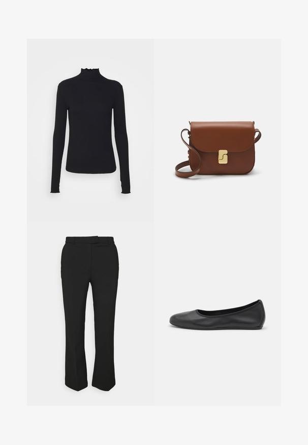 Zwarte langärmelige turtleneck top van soepel stof, met een gerimpelde hals en een aansluitende silhouet met eenvoudige randen.; Zwarte op maat gemaakte broeken met een recht gesneden ontwerp, voorzien van riemlussen en zijzakken. Gemaakt van een gladde stof met een nette afwerking.; Zwarte leren ballerina met een ronde neus, gladde textuur, minimale stikdetails en een flexibele zoolontwerp.; Bruine leren handtas met een klep sluiting, gouden hardware, een schouderband en een gladde textuur. Compact rechthoekige vorm.