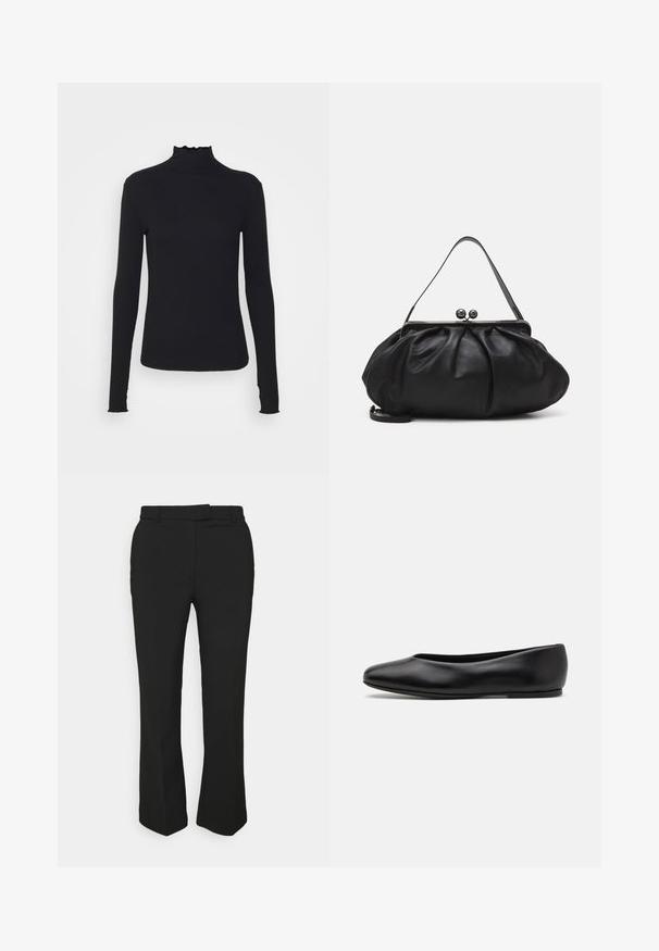 Czarny, długi rękaw, golf z gładkiego materiału, z falbaniastym kołnierzem i dopasowanym krojem z prostymi brzegami.; Czarne, dopasowane spodnie o prostym kroju, z pętelkami na pasek i kieszeniami po bokach. Wykonane z gładkiego materiału o czystym wykończeniu.; Paul Smith TOPANGA czarny; Czarna skórzana torebka o zaokrąglonym, plisowanym wzorze. Posiada metalowy zamek z dwoma dekoracyjnymi kulkami oraz smukły, odpinany pasek.