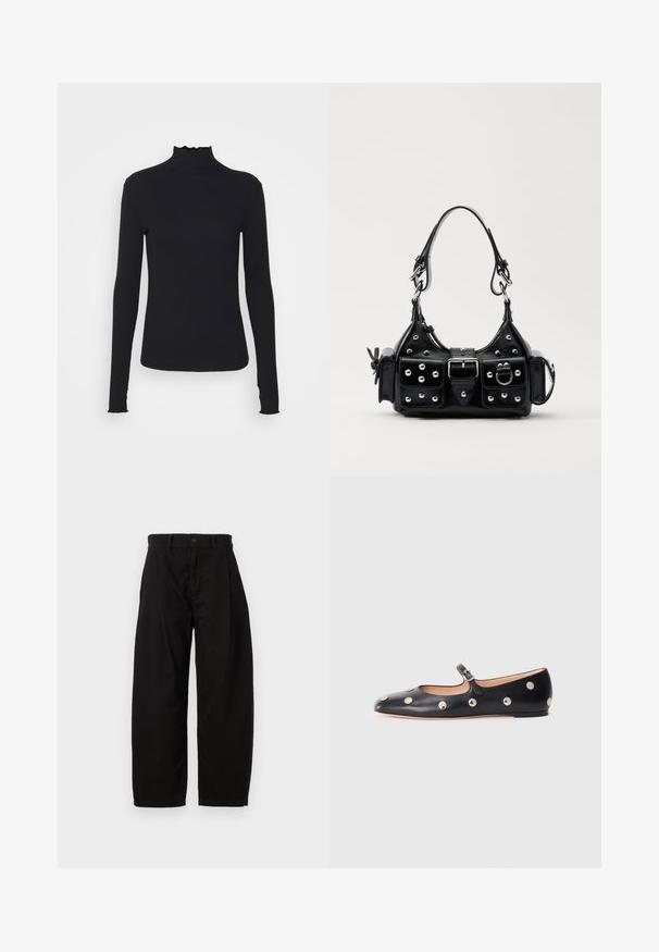 Črn dolg rokav turtleneck zgornji del iz gladkega materiala, ki se ponaša z nabranim ovratnikom in prilegajočim silhueto s preprostimi robovi.; Črne široke hlače iz bombaža z gumbom in zadrgo, ki imajo sprednje pregibe in stranske žepke.; Črne usnjene Mary Jane balerinke z zaobljenim noskom, opremljene z zlatimi krožnimi mošnjo in nastavljivim trakom z zaponko.; Črna usnjena torbica s ukrivljenim dizajnom, ki vsebuje srebrne žebljičke, zaponko in dve stranski žepki. Nastavljiv trak za različne možnosti nošenja.