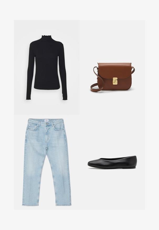 Črn dolg rokav turtleneck zgornji del iz gladkega materiala, ki se ponaša z nabranim ovratnikom in prilegajočim silhueto s preprostimi robovi.; Svijetloplave traperice ravnog kroja, s pet džepova, kopčanjem na dugme i blagim izblijeđenjem. Šivane detalje uz šavove.; Paul Smith TOPANGA - Balerinke - black; Rjava usnjena torbica s poklopcem, zlato obarvani okovi, naramnica in gladka tekstura. Kompaktna pravokotna oblika.