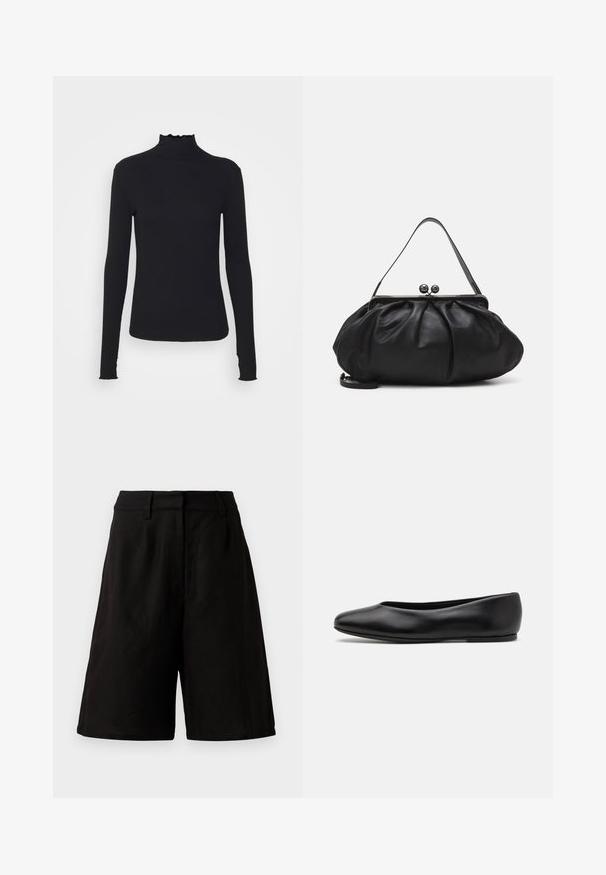 Czarny, długi rękaw, golf z gładkiego materiału, z falbaniastym kołnierzem i dopasowanym krojem z prostymi brzegami.; Czarne szorty o luźnym kroju, wykonane z lekkiego materiału o gładkiej fakturze. Posiadają płaski pas i minimalne wykończenia.; Paul Smith TOPANGA czarny; Czarna skórzana torebka o zaokrąglonym, plisowanym wzorze. Posiada metalowy zamek z dwoma dekoracyjnymi kulkami oraz smukły, odpinany pasek.