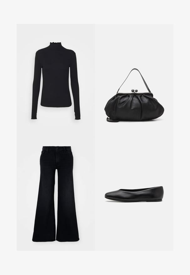 Musta pitkähihainen poolotoppi, joka on valmistettu sileästä kankaasta, jossa on röyhelökaulus ja tiukka siluetti yksinkertaisilla reunoilla.; Farkkujen lainehtivat mustat mallit, joissa on korkea vyötärö, nappikiinnitys ja leveät lahkeet puhtaalla reunalla helmassa.; Paul Smith TOPANGA - Ballerinat - black; Musta nahkalaukku, jossa on pyöreä, poimutettu muotoilu. Varustettu metallisella lukolla, jossa on kaksi koristepalloa ja ohut, irrotettava olkahihna.