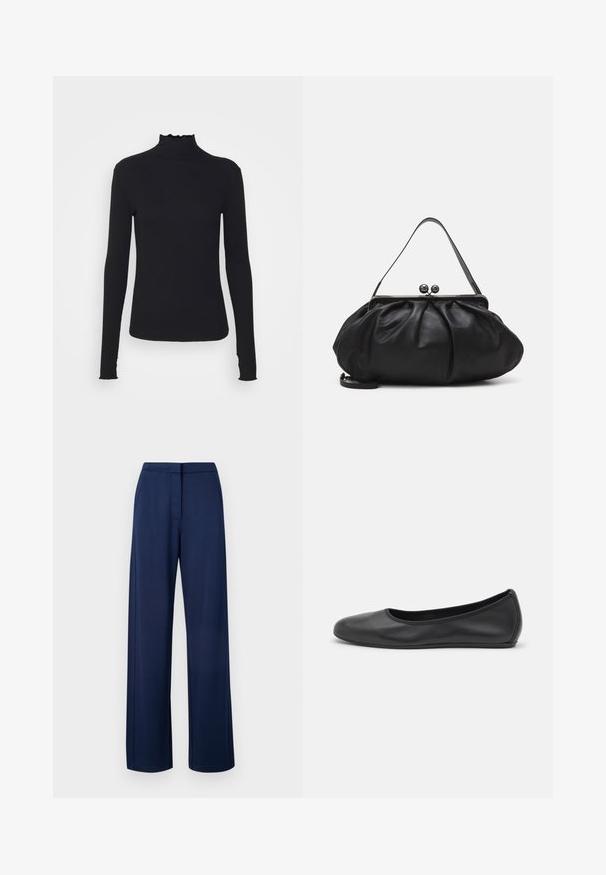 Čierny dlhý rukáv turtleneck top vyrobený z hladkej látky, s volánovým golierom a priliehavou siluetou s jednoduchými okrajmi.; Námornícky modré, široké nohavice vyrobené z mäkkého, elastického materiálu, s hladkým pásom a diskrétnymi bočnými vreckami.; Čierne kožené baleríny s okrúhlou špičkou, hladkým povrchom, minimálnym prešívaním a flexibilným dizajnom podrážky.; Čierna kožená kabelka s zaobleným, nariadeným dizajnom. Disponuje kovovým zapínaním s dvoma dekoračnými guľôčkami a tenkým, odnímateľným popruhom.