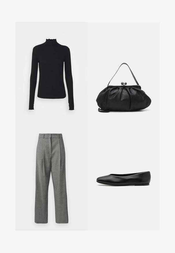Maglione nero a maniche lunghe con colletto a dolcevita realizzato in tessuto morbido, caratterizzato da un collo arricciato e una silhouette aderente con bordi semplici.; Pantaloni grigi a vita alta con motivo a piccoli quadretti, pieghe frontali, passanti per cintura e gamba dritta su sfondo bianco.; Paul Smith TOPANGA - Ballerine - black; Borsa a mano in pelle nera con un design arrotondato e plissettato. Presenta una chiusura metallica con due palline decorative e una tracolla sottile e removibile.
