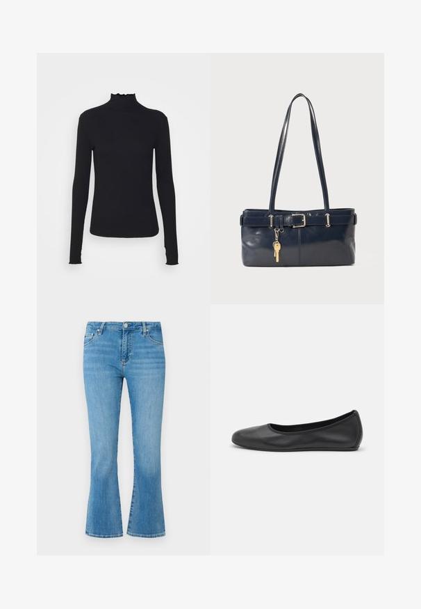 Zwarte langärmelige turtleneck top van soepel stof, met een gerimpelde hals en een aansluitende silhouet met eenvoudige randen.; Lichtblauwe spijkerbroek met flared pijpen en een hoge taille, voorzakken en een vervaagde wassing. Voorzien van een metalen knoopsluiting en contrasterende stiksels.; Zwarte leren ballerina met een ronde neus, gladde textuur, minimale stikdetails en een flexibele zoolontwerp.; Marine leren handtas met twee lange hengsels, een gespdetail en een sleutelhanger eraan bevestigd. Heeft een gladde textuur en een rechthoekige vorm.
