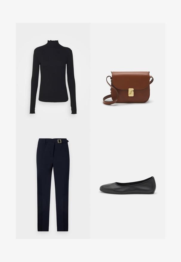 Melnas garām piedurknēm turtleneck blūze, izgatavota no gludas auduma, ar krokotu apkakli un pieguļošu siluetu, kas ir ar vienkāršām malām.; Jūras zila bikses, izgatavotas no gludas auduma, ar taisnu griezumu, jostas cilpiņām un zelta kvadrātveida sprādzi.; Melna ādas baleta kurpe ar noapaļotu purngalu, gludu tekstūru, minimālu šuvju detalizāciju un elastīgu zoles dizainu.; Bordo ādas rokas soma ar atloku, zeltītām detaļām, plecu siksnu un gludu virsmu. Kompakta, taisnstūrveida forma.