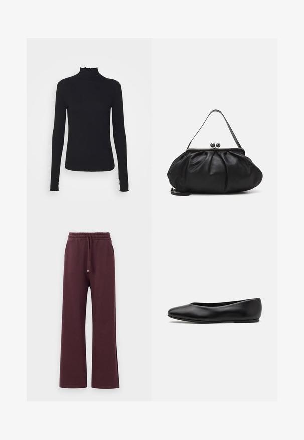 Black long-sleeve turtleneck top made of smooth fabric, featuring a ruffled neck and fitted silhouette with simple edges.; Burgundy wide-leg pants with an elastic waistband, drawstring, and side pockets. Made from soft, smooth fabric with a relaxed fit.; Paul Smith TOPANGA - Ballet pumps - black; Black leather handbag with a rounded, pleated design. Features a metallic clasp with two decorative balls and a slim, detachable strap.